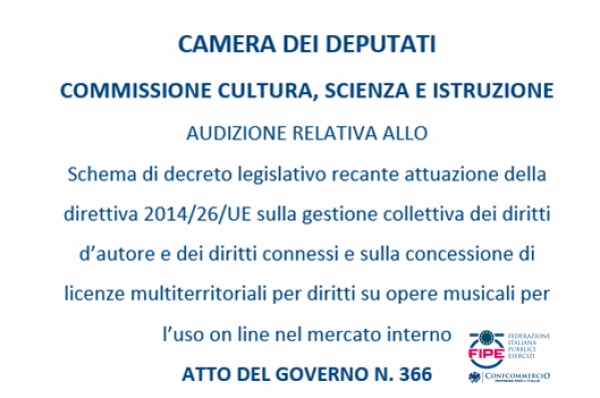Diritti d'autore, la Fipe alla Camera: 